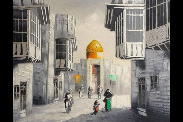 Discover the Evolution and Beauty of Contemporary Paintings in Pakistan Urban street scene featuring traditional architecture and a golden dome, showcased in contemporary paintings Pakistan.