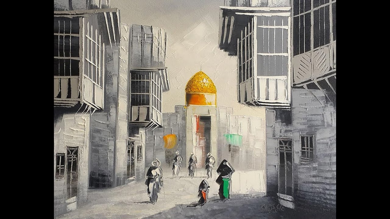 Urban street scene featuring traditional architecture and a golden dome, showcased in contemporary paintings Pakistan.
